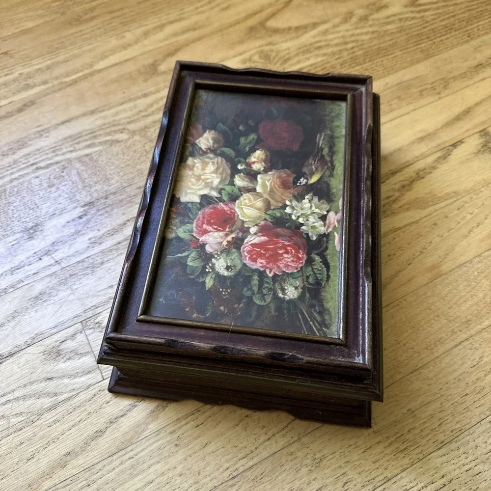 Vintage 1940s Wooden Trinket Jewelry Stationary Box W Mirror Floral Design